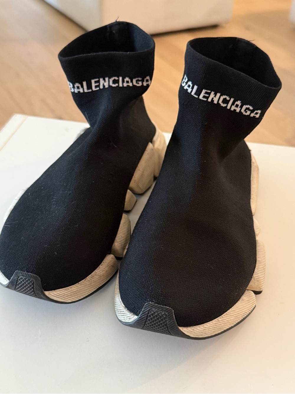 Balenciaga women’s Black and White Sock-Style Stretch Sneakers